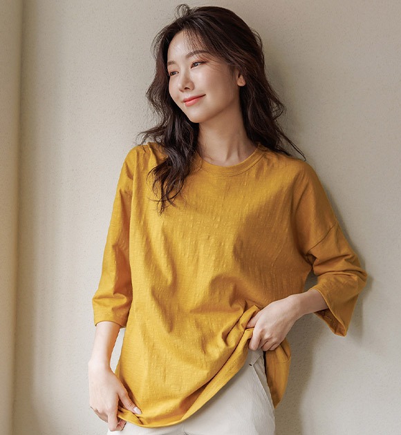 韓國[1+1] 7分寬鬆款竹節棉短袖T恤