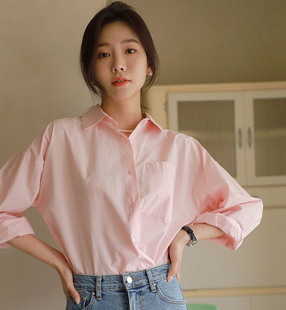 韓國[只在這裡] 斜線鈕釦寬鬆版兩維襯衫
