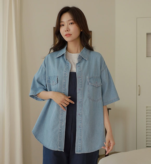 韓國外套式短袖牛仔襯衫