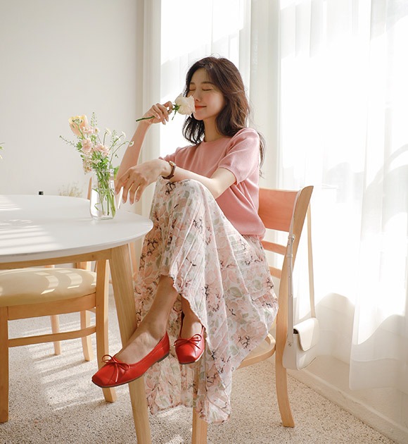 韓國水彩畫印花褶邊半身長裙