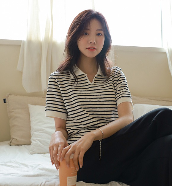 韓國配色翻領單釦條紋短袖T恤