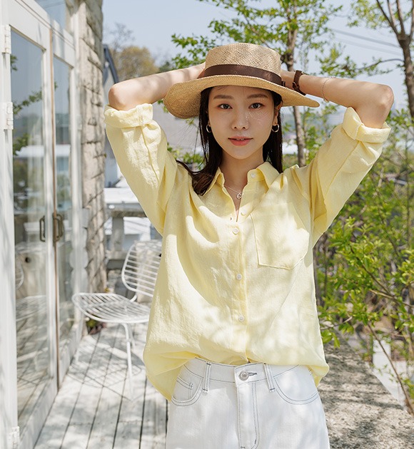 韓國柔彩色系棉麻混紡襯衫