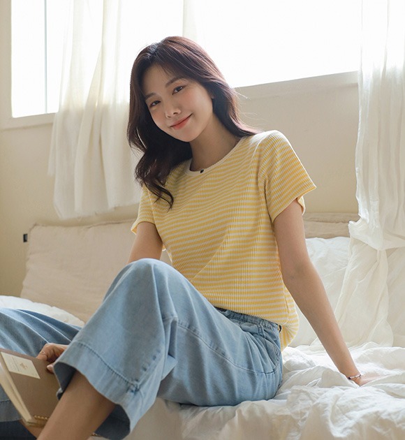 韓國細條紋圓領羅紋短袖T恤