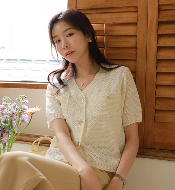 韓國編織斜紋短袖釦子開衫