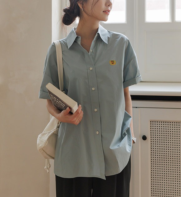 韓國刺繡水洗純棉短袖襯衫