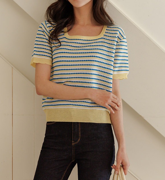 韓國配色條紋方領短袖針織衫