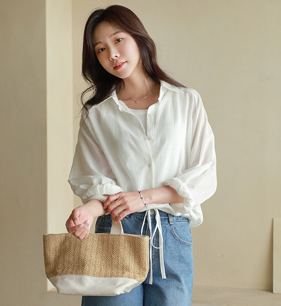 韓國輕量亞麻抽繩襬純色襯衫