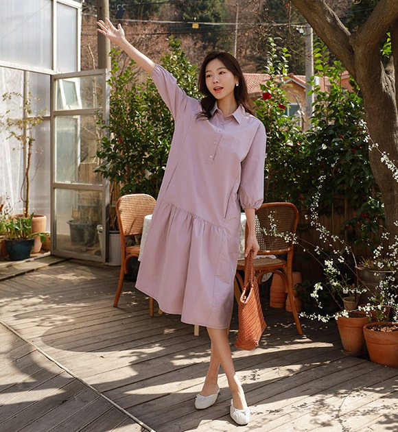韓國7分袖襯衫領口純棉長洋裝