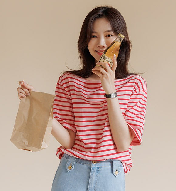 韓國配色條紋方領短袖T恤
