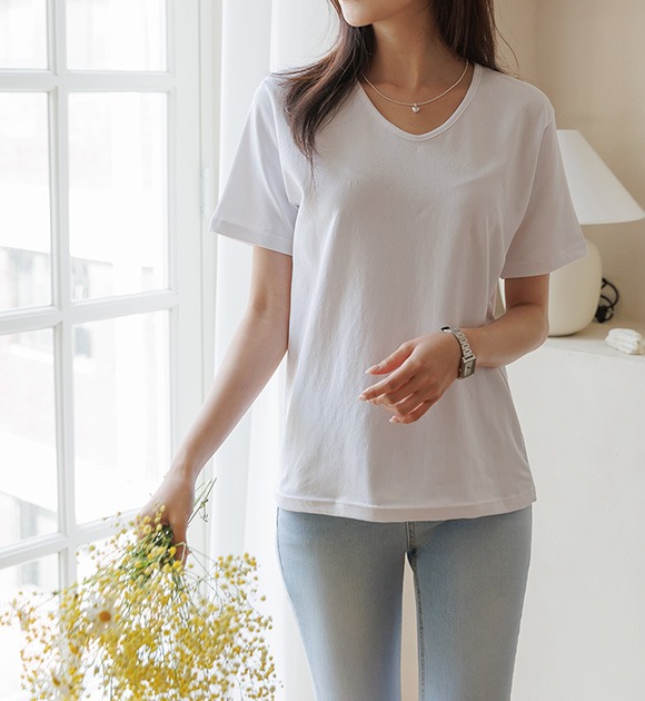 韓國溫柔素色V領短袖T恤