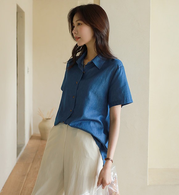 韓國牛仔質感琥珀釦短袖襯衫