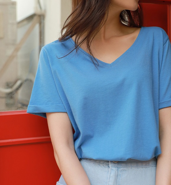 韓國絲光棉V領純色短袖T恤