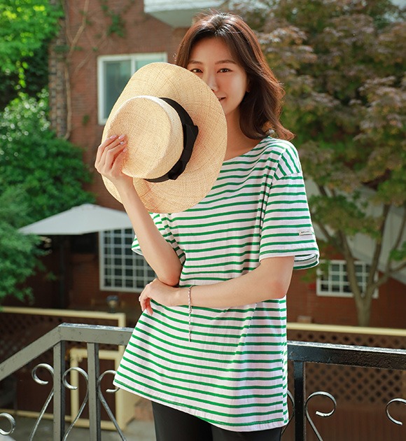 韓國標籤裝飾袖棉質條紋T恤