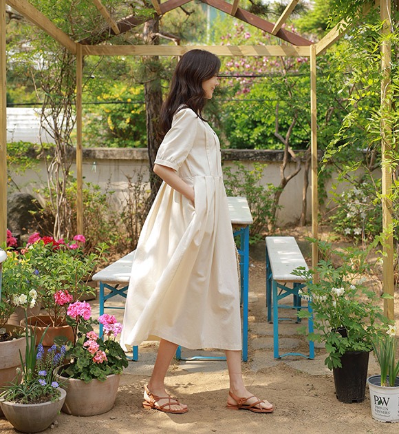 韓國V領半排釦壓褶棉質洋裝