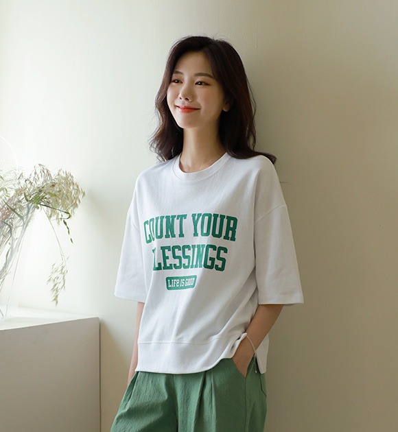 韓國文字圖案圓領短袖T恤