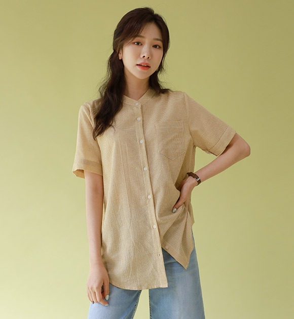 韓國小格紋東方領短袖襯衫