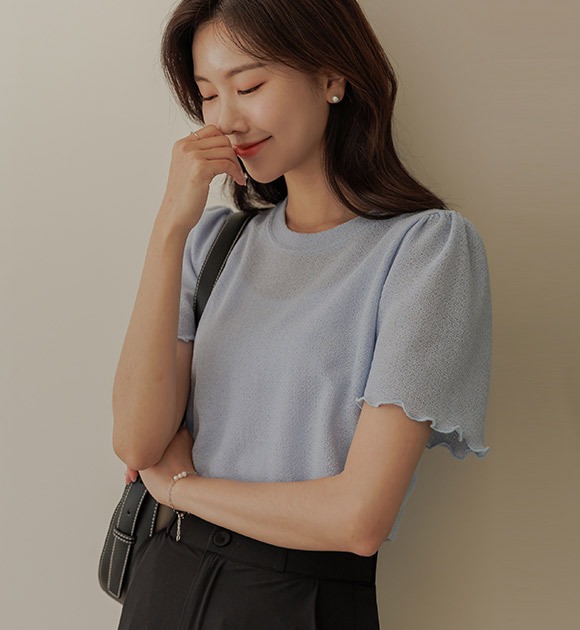 韓國亞麻波紋木耳袖短袖T恤