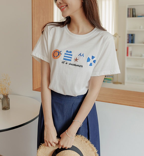 韓國夏季刺繡側開衩短袖T恤