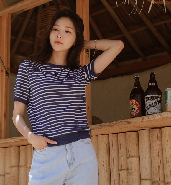 韓國格紋橫條紋短袖針織衫