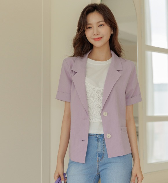 韓國亞麻材質捲邊短袖夾克