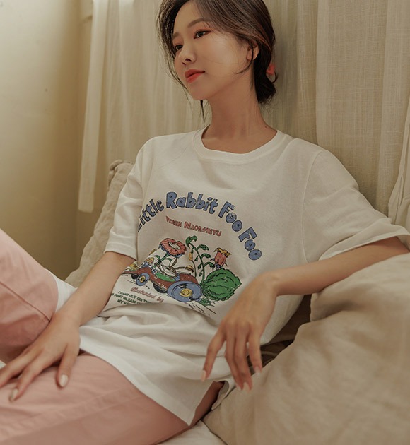 韓國伊維爾復古花朵長版短袖T恤