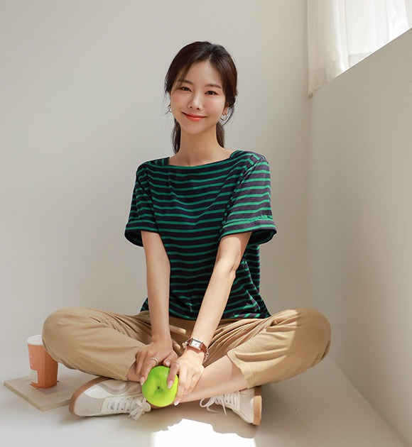 韓國圓領捲邊撞色橫條紋短袖T恤