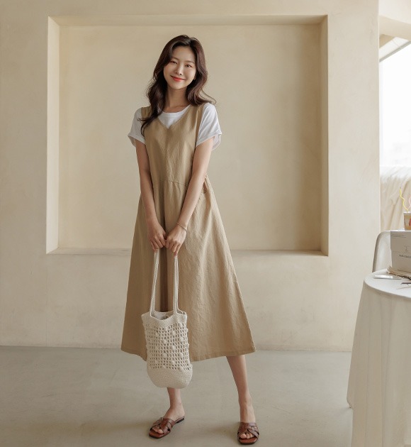 韓國亞麻後單釦連身長裙
