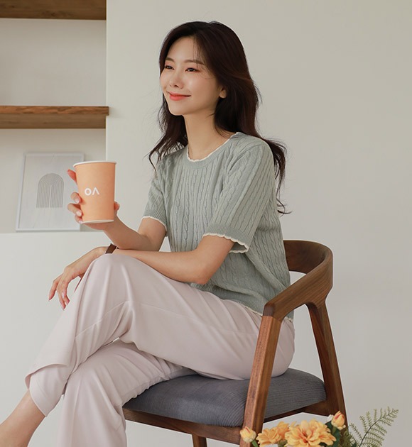 韓國水紋配色麻花短袖針織衫