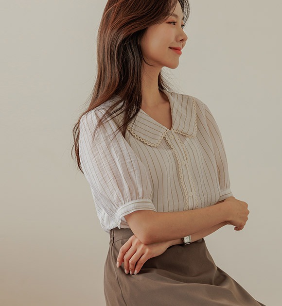 韓國透視裝條紋花邊雪紡襯衫