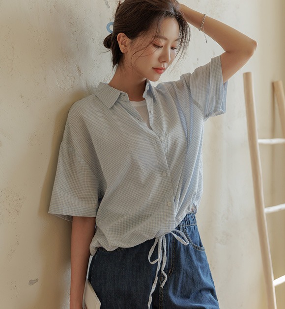 韓國繫帶敞開式短袖格子襯衫