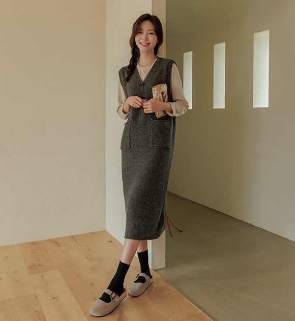 韓國半排釦針織背心洋裝