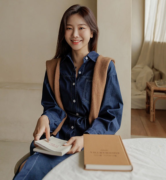 韓國配色縫線牛仔襯衫洋裝
