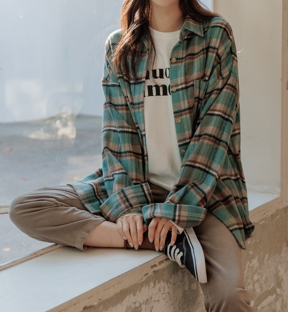 韓國格紋羊毛混紡襯衫