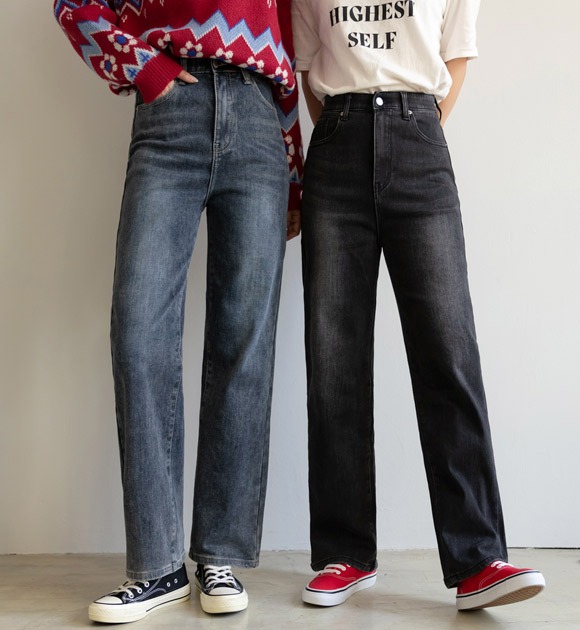 韓國寬版內刷毛直筒牛仔褲