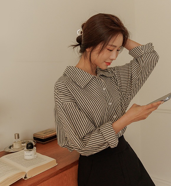 韓國直條紋排釦襯衫