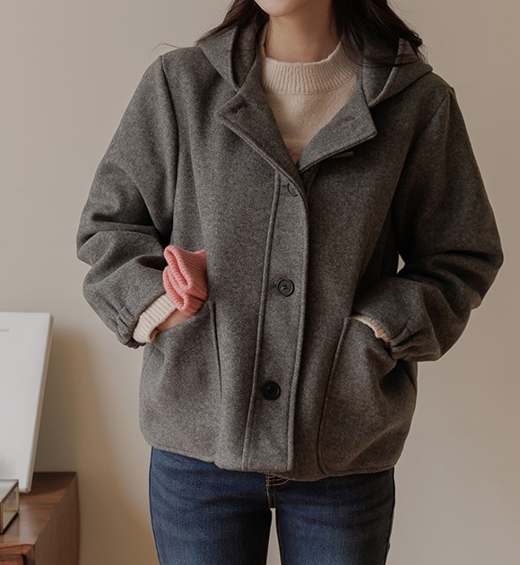 韓國羊毛混紡連帽絎縫大衣