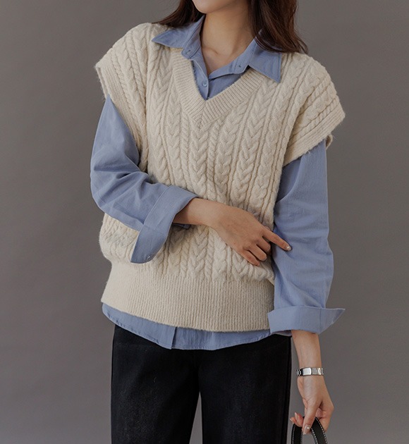 韓國V領羊毛混紡針織背心