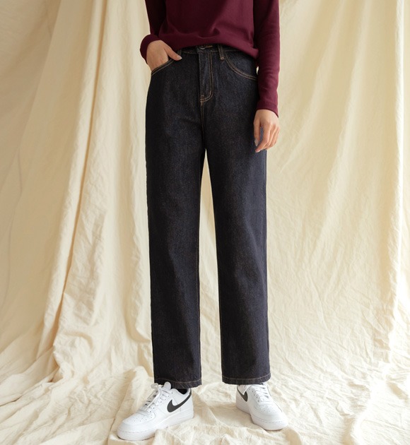 韓國配色縫線直筒牛仔褲