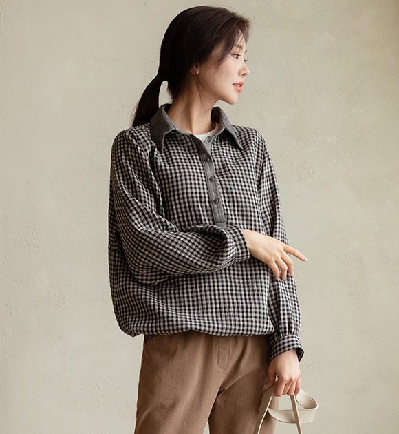 韓國格紋半排釦寬鬆襯衫