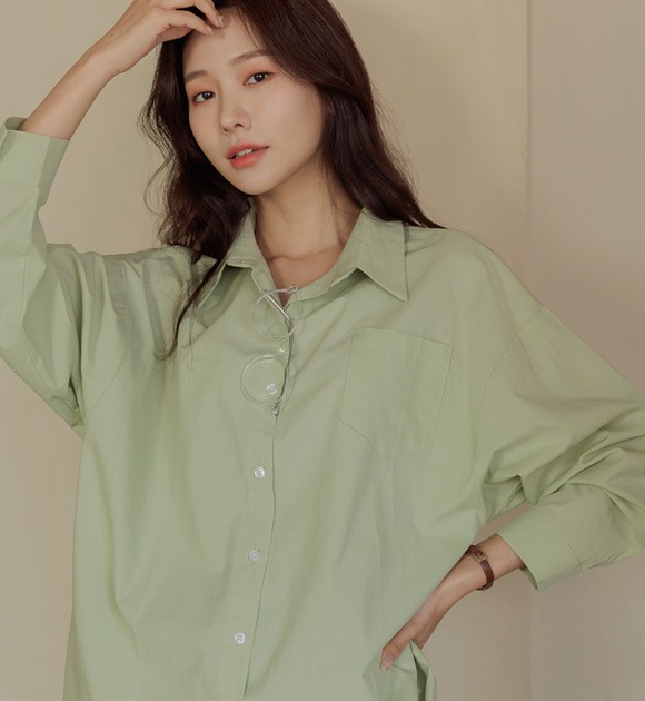 韓國棉質單口袋寬鬆襯衫