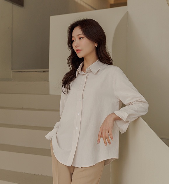韓國圓弧襬寬鬆襯衫
