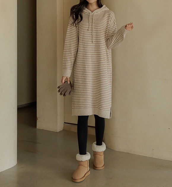 韓國羊毛混紡開衩連帽長洋裝