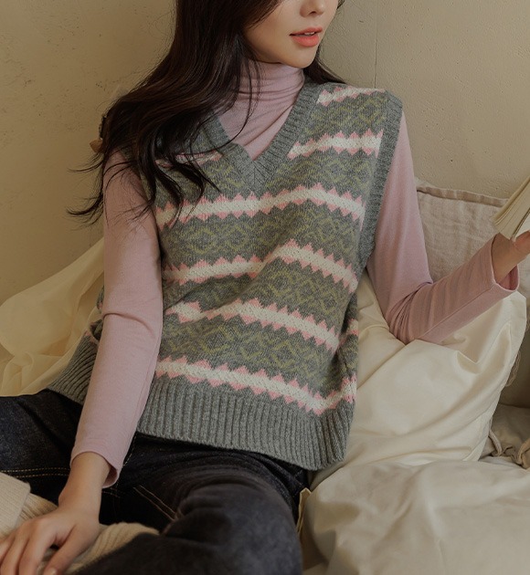 韓國鋸齒紋羊毛混紡針織背心