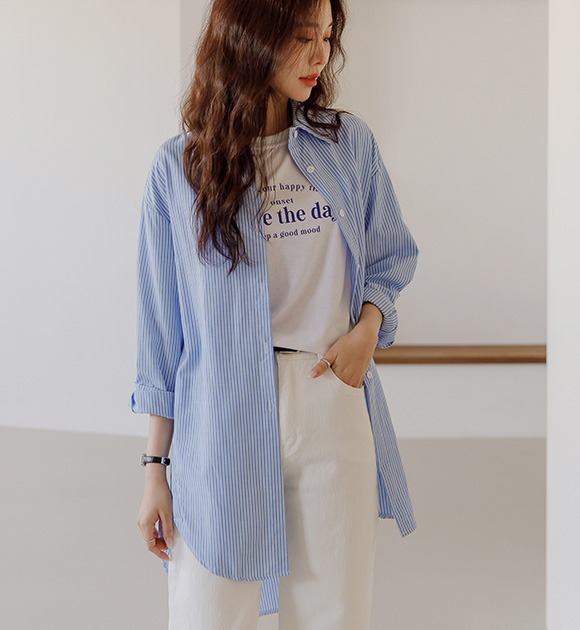 韓國直條紋高低襬襯衫
