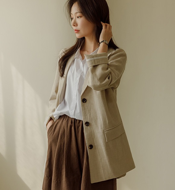 韓國單排釦亞麻西裝外套