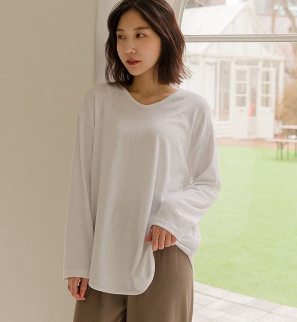 韓國竹節紋圓弧襬T恤
