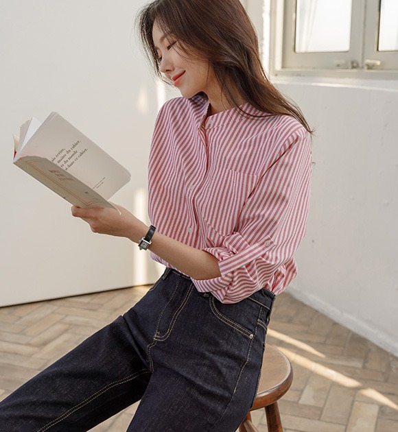 韓國袖身釦帶直條紋襯衫