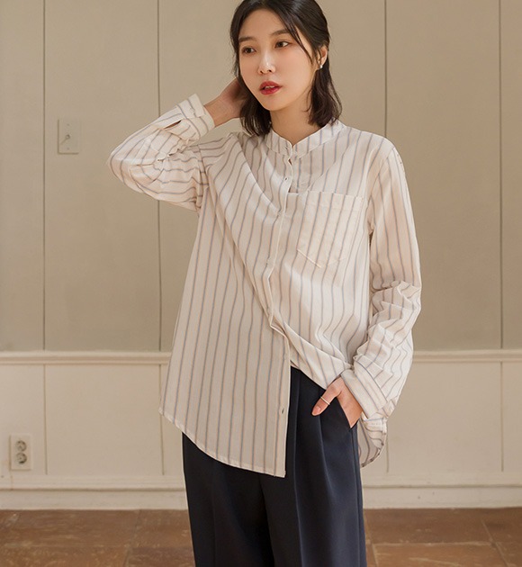 韓國釦帶反摺袖條紋襯衫