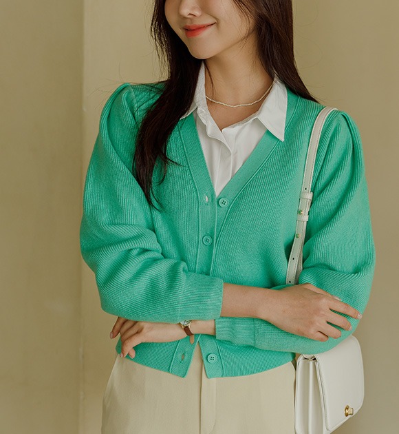 韓國V領泡泡袖針織外套