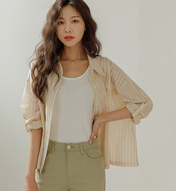 韓國簡約直條紋棉質襯衫